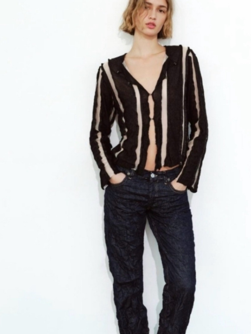 Zara Black Nude sheer iridescent organza ruffle long sleeve sweater NWT M
